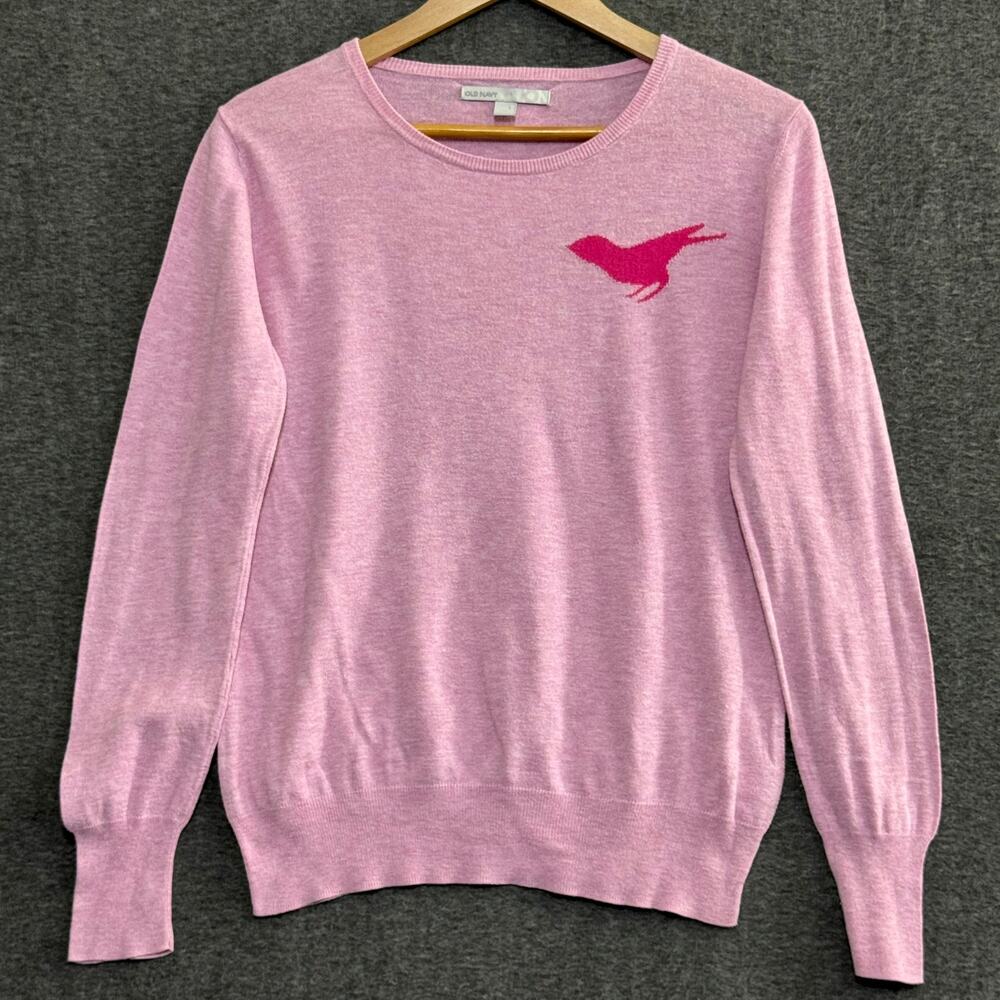OLD‎ NAVY Pink Bird Sweater L Cotton Rayon Silk Y2K Indie Cottagecore Whimsey